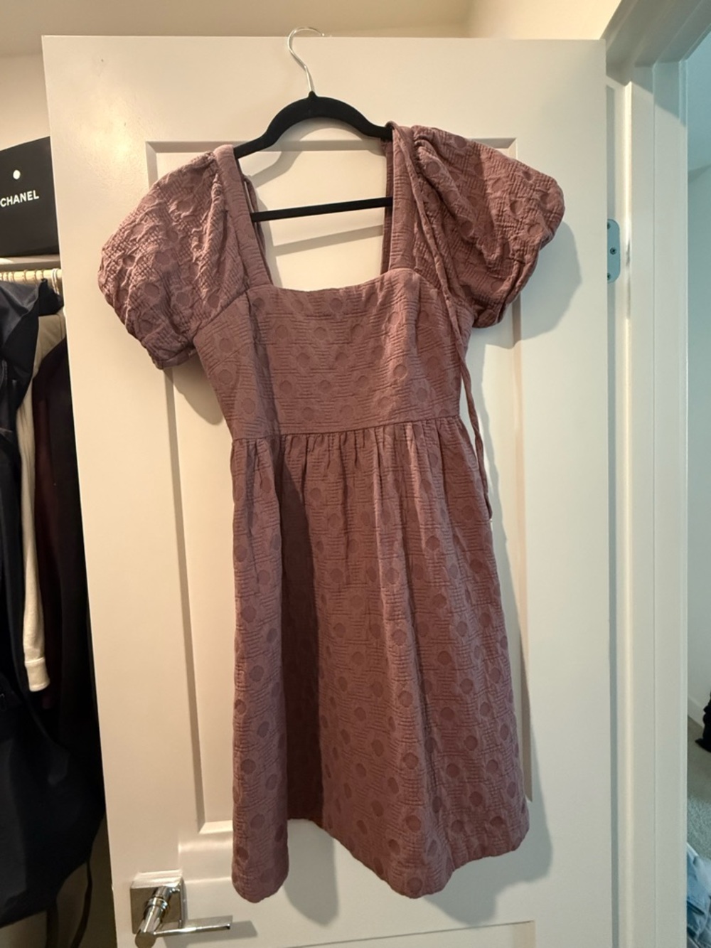 Textured Mauve Puff Sleeve Square Neck Dress